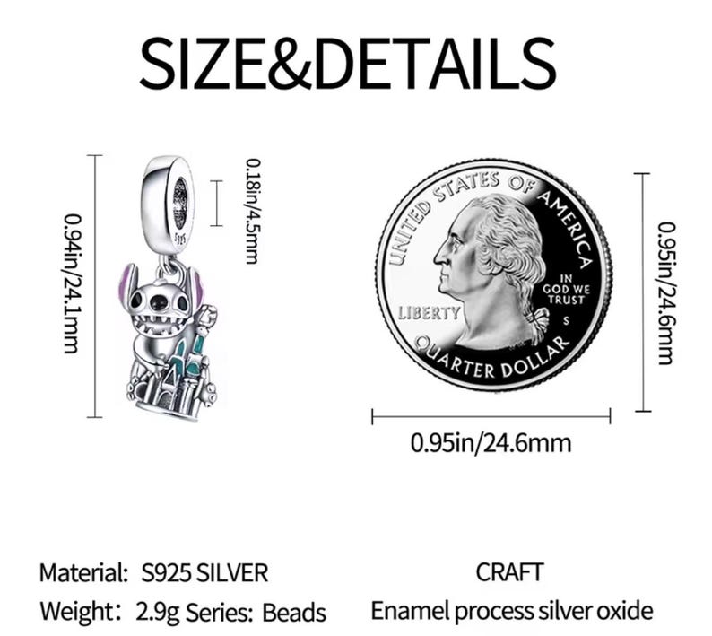May include: A silver charm with a cartoon character design, measuring 0.94 inches (24.1 mm) in height. The charm features a detailed design and is accompanied by a quarter for size comparison. The text "SIZE&DETAILS" is displayed.
