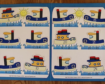 May include: A set of 10 colourful tugboat-shaped cards with numbers 2, 3, 6, 9, 10, 14, 15, 19, 20, 21, 24, and 25. Each card has a yellow sun with a smiling face and a blue wave at the bottom. The cards are labelled "Tugboat Numbers" and "Numerical Order".