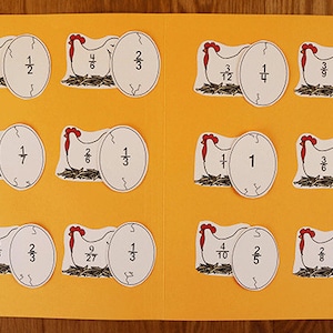 May include: A set of 10 colorful eggs with fractions printed on them. Each egg is paired with a cartoon chicken. The eggs are labeled with fractions such as 1/2, 2/3, 1/4, 3/4, 1/3, 2/6, 1/6, 3/12, 12/18, 2/5, 9/27, 4/10, 2/8, and 1/4. The text "Crack An Egg!" is printed on the bottom right corner of the image.