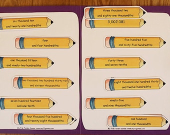 May include: A set of 10 yellow pencil-shaped flashcards with blue and red accents. Each card features a different number written in words and its decimal equivalent. The cards are designed for learning about decimal numbers.