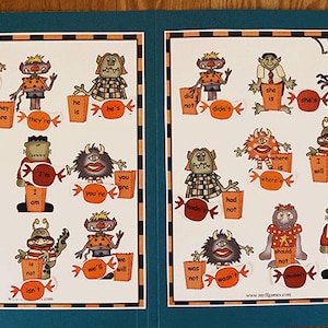 Könnte beinhalten: Eine türkisfarbene Ordnermappe mit Halloween-Illustrationen. Die Illustrationen zeigen Cartoon-Monster, die Süßigkeiten mit Kontraktionen wie "they're" und "didn't" halten. Die Mappe hat einen dekorativen orangefarbenen und schwarzen Rand.