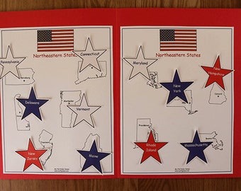 May include: A red folder with a white label that says "State Capitals" and a map of the Northeastern United States with stars representing each state. The states are labeled with their names and the stars are labeled with the state capitals.