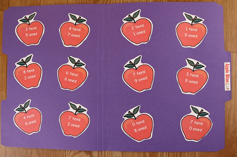 place value apple bites printable file folder game pdf etsy