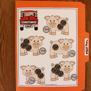 May include: A printable game board with a red truck and five pigs with coins on their backs. The game is called "Hog Wild".