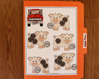 Counting Money: (Quarters) - Hog Wild Money - Printable File Folder Game PDF Download - Homeschool 1st Grade Math Center Dyslexia