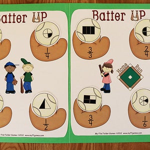 May include: A green folder with a white background and colorful baseball-themed images. The folder has the text "Batter Up Fractional" on the front. The images include baseballs divided into fractions, a baseball diamond, and cartoon baseball players.