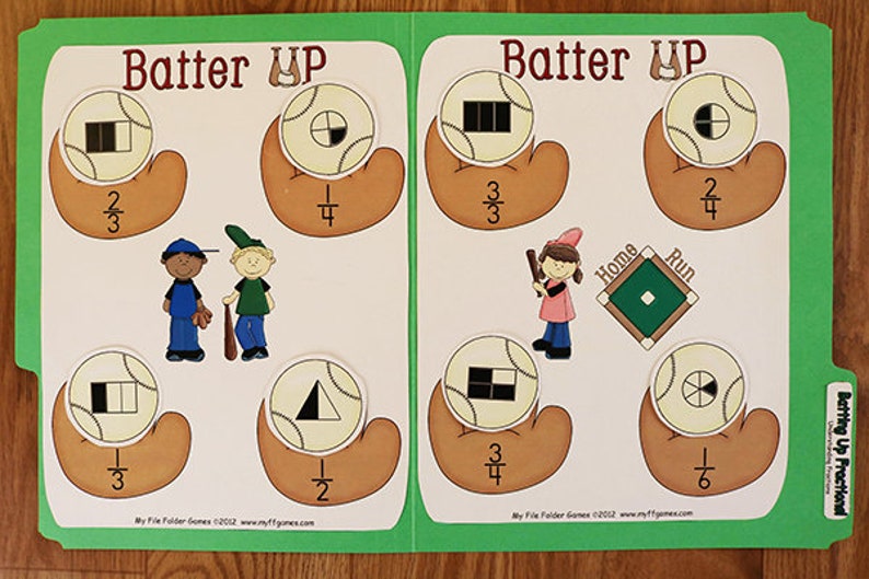 May include: A green folder with a white background and colorful baseball-themed images. The folder has the text "Batter Up Fractional" on the front. The images include baseballs divided into fractions, a baseball diamond, and cartoon baseball players.
