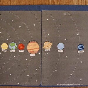 May include: A blue file folder with a solar system theme. The folder has a pocket on the right side with the text "Planet Challenge" printed on it. The folder has a graphic of the sun and the planets in our solar system, with the names of each planet printed below.