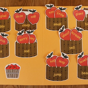 May include: An educational resource featuring apple-shaped flashcards with word pairs like "joy glad" and "happy." The cards are displayed in an open file folder. A small illustration of an apple basket is also present.