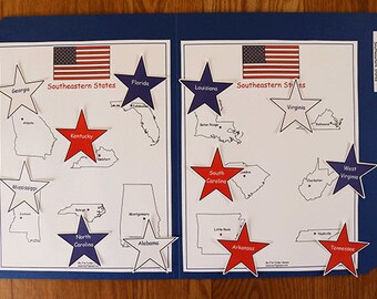 May include: A blue folder with two white pages inside. The pages are labeled "Southeastern States" and contain outlines of states with red and blue stars on top. The stars have the names of the states written on them. The folder has a label that says "State Capitals".