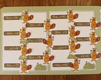 Multiplication & Division - Busy Beavers - Printable File Folder Game PDF Download - 2nd 3rd 4th Grade Homeschool