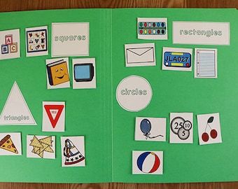May include: A green file folder with different shapes and objects on it. The folder is labeled "Sorting Shapes". The shapes include squares, rectangles, circles, and triangles. The objects include a book, a TV, a mailbox, a license plate, a piece of paper, a balloon, a cherry, a beach ball, and a pizza.