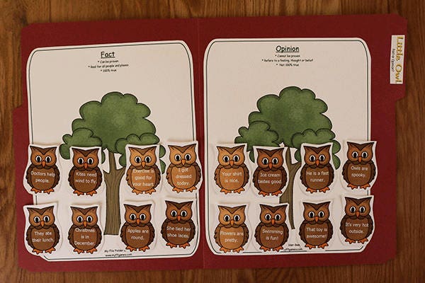 Fact Opinion - File Folder Game - Little Owl -  Printable PDF Download - 2nd Grade 3rd Grade Homeschool