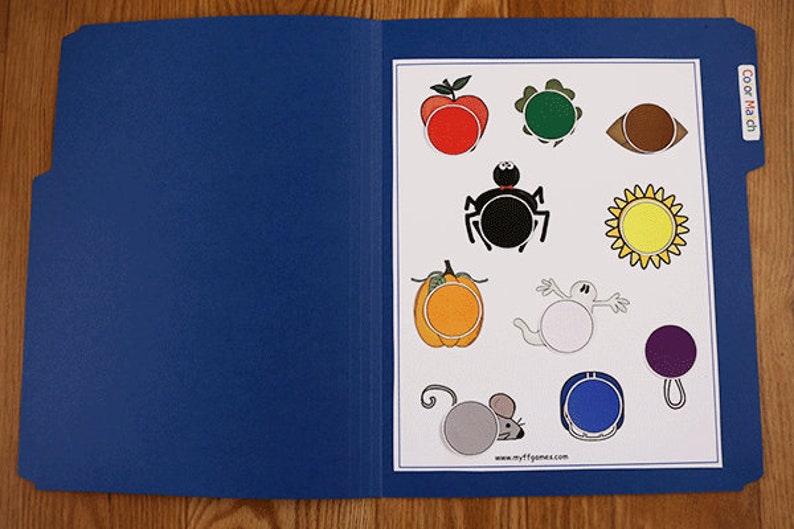 May include: A blue folder with a white sheet inside. The sheet has various black and white outlines of objects with blank circles in the middle. The objects include an apple, a leaf, an eye, a spider, a sunflower, a pumpkin, a ghost, a mouse, a helmet, and a bell. The text "Color Match" is on the tab of the folder.