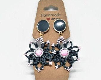 pendientes de flores grises frivolidad en el volante//encaje/frivolity//tatting//earring//women gift//jewel en frivolity