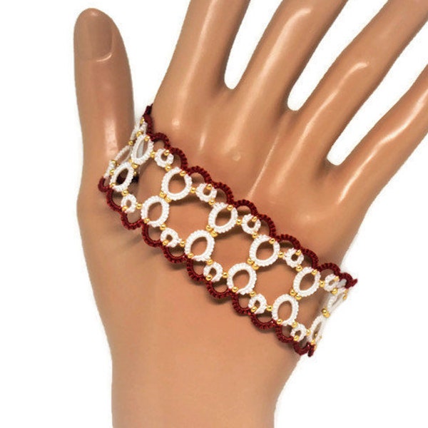 bracelet rouge et blanc en dentelle de frivolité,dentelle,frivolité,bijoux en frivolité,tatting,women gift,France
