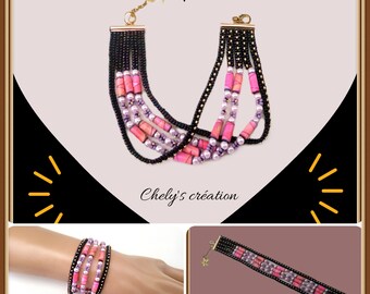 multi-row bracelet in waterproofed paper beads and purple tone miyuki beads, fancy bracelet, woven bracelet, gift idea, France