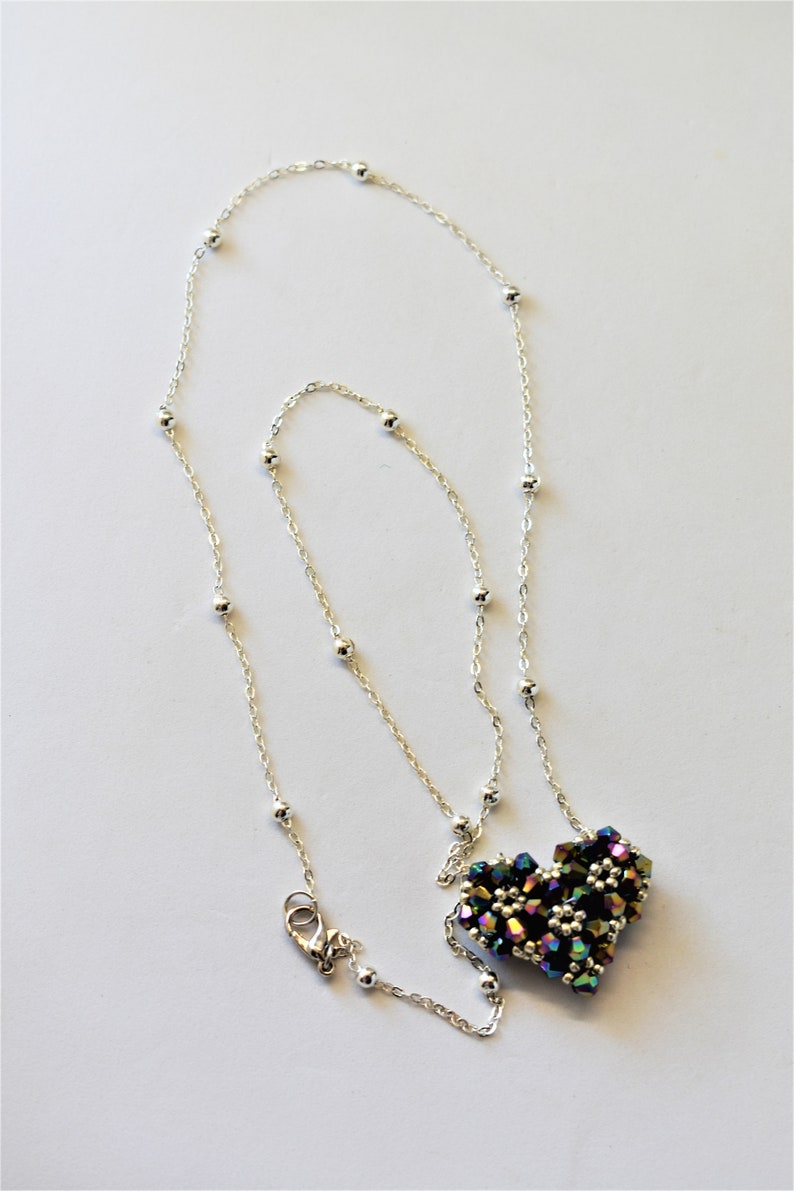 fine 3D ball/heart chain necklace woven in iridescent faceted beads and silver miyuki beads//necklace//jewelry//women gift//jewelry for women image 3