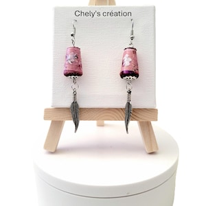 orecchini, ciondolo di perle di carta rosa, nail art, ciondolo piuma d'argento, regalo donna, orecchini, fatto a mano