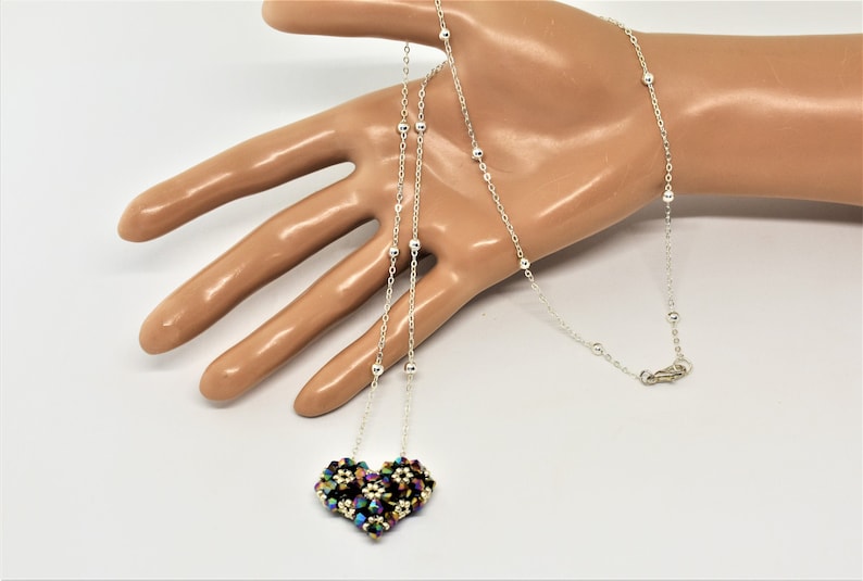 fine 3D ball/heart chain necklace woven in iridescent faceted beads and silver miyuki beads//necklace//jewelry//women gift//jewelry for women image 2