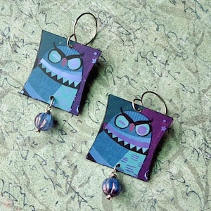 Recycled STARBUCKS gift card earrings: owl pattern, iridescent blue Czech glass melon bead.