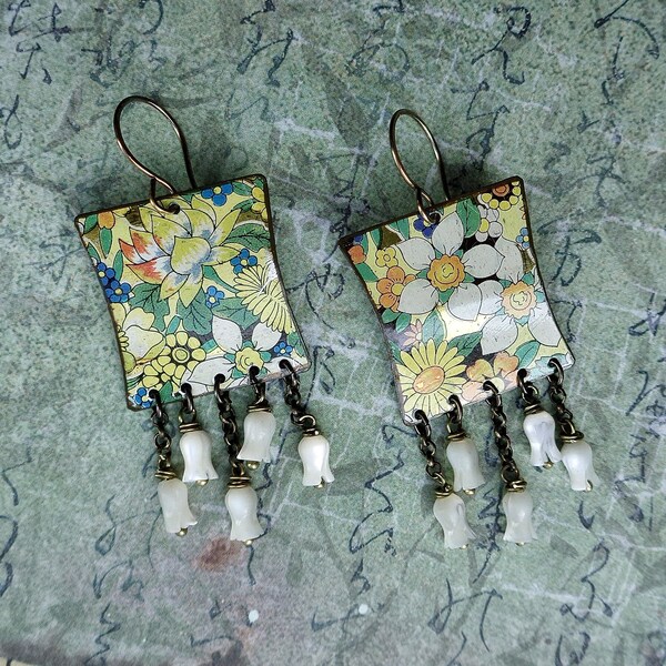 Very Shabby Chic vintage flower tin earrings with mother of pearl carved flower drops.