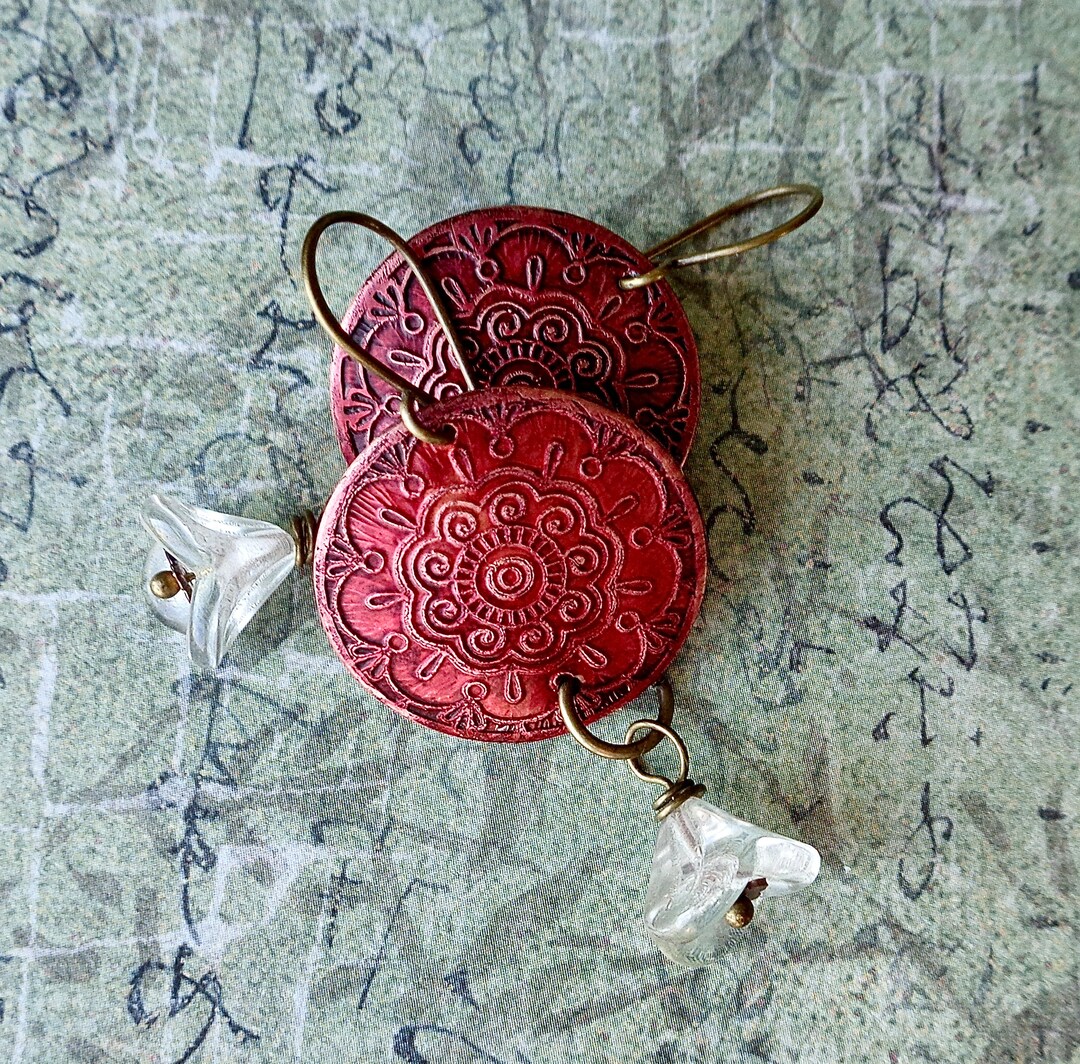Etched Dapped Copper Mandala Earrings in Red With Clear Soft Pressed ...