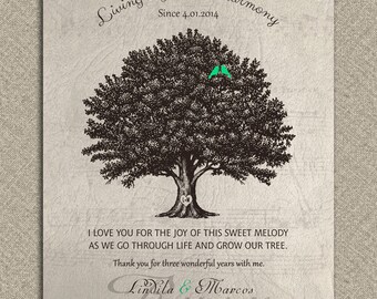 3 Year Anniversary Gift Green Birds Living Together Harmony Personalized 3rd Year Gift Family Tree Custom Metal Paper Canvas Art Print 1049