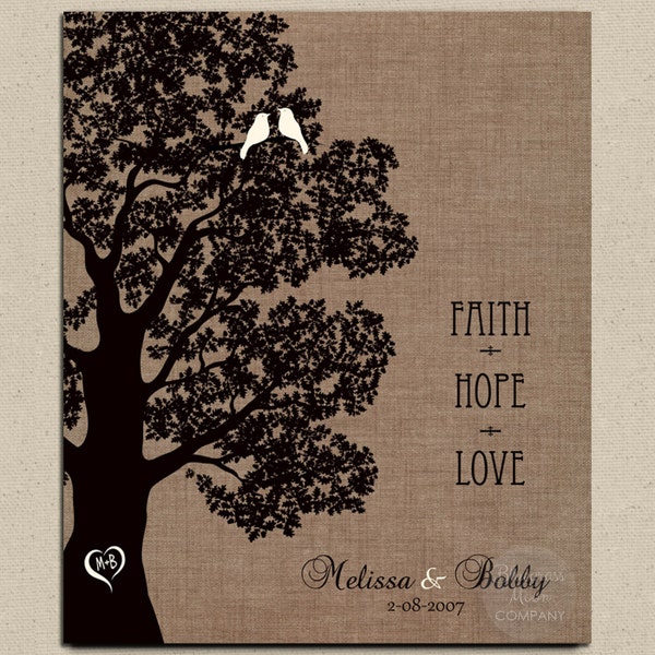 Personalized Corinthians 13 Faith Hope Love Burlap Backdrop Large Oak Tree 10 Year Anniversary Gift Custom Metal Paper Canvas Art Print 1038