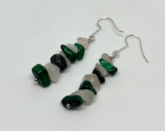 Green Malachite & White Quartz Stacked Chip Bead Cairn Earrings with by The Elven Cat