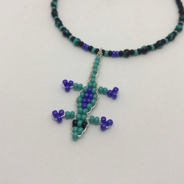 Turquoise & Purple Lizard Necklace with beaded chain and toggle clasp by The Elven Cat