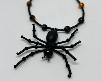 Large Black Beaded Spider Necklace with Sardonyx Agate Beads by The Elven Cat