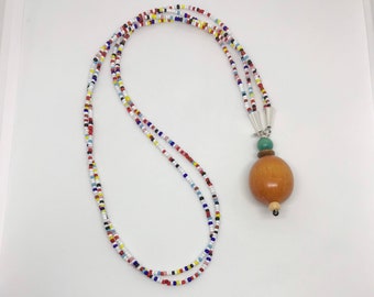 Claspless Colorful Beaded 2-String Necklace with Large Wooden Bead Pendant by The Elven Cat