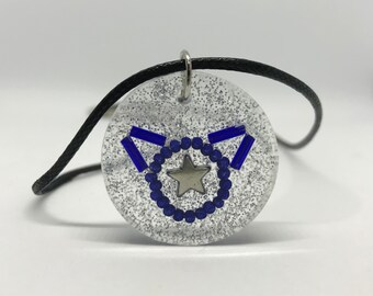 Blue Beaded Kitty Necklace with Silver Star & Glitter in Resin by The Elven Cat