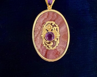 Circa 1920 12K Large Oval Rose Gold Pink Jasper Pendant with Amethyst Appliques