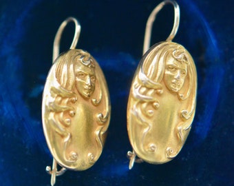 Art Nouveau 14k Lady Oval Drop Earrings, Wedding, Bridal