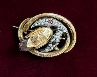 Early Victorian 14k Brooch with Amethysts and Seed Pearls