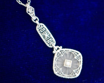 Edwardian 14k White Gold Camphor Necklace with Diamond, Anniversary, Bridal, Wedding