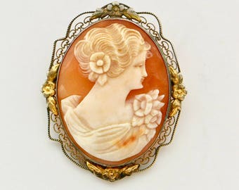 Vintage 1940s Sterling Oval Hand Carved Cameo Filigree Brooch/Pin