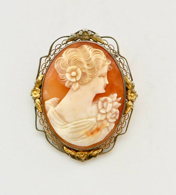 Vintage 1940s Sterling Oval Hand Carved Cameo Fil… - image 1