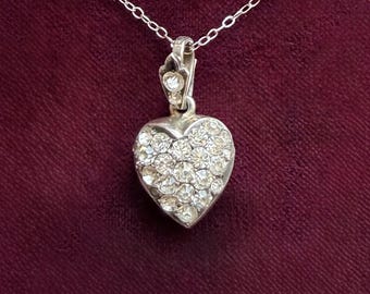 Victorian 935 Silver Heart Locket Necklace: Clear Paste Stones, Photo Keepsake