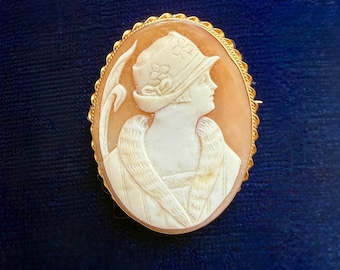Antique 14k Carved Shell Cameo Flapper Girl