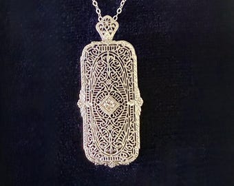 Art Deco 14k Diamond Filigree Pendant Necklace