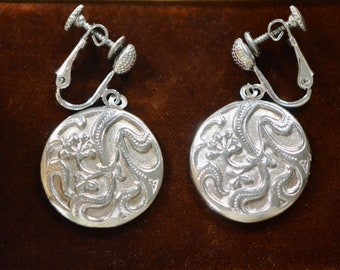 Vintage Mid-Century Sterling Floral Disk Earrings, 1940s