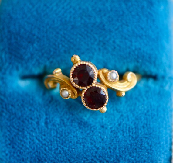Victorian 14K Garnet and Pearl Ring, January Birt… - image 1