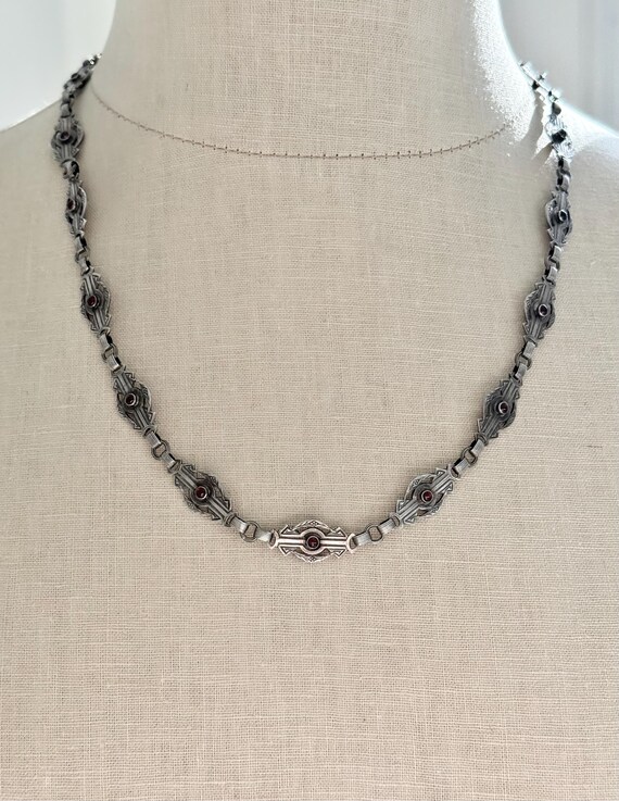 Victorian Sterling Silver Ruby Paste Fancy Link C… - image 5