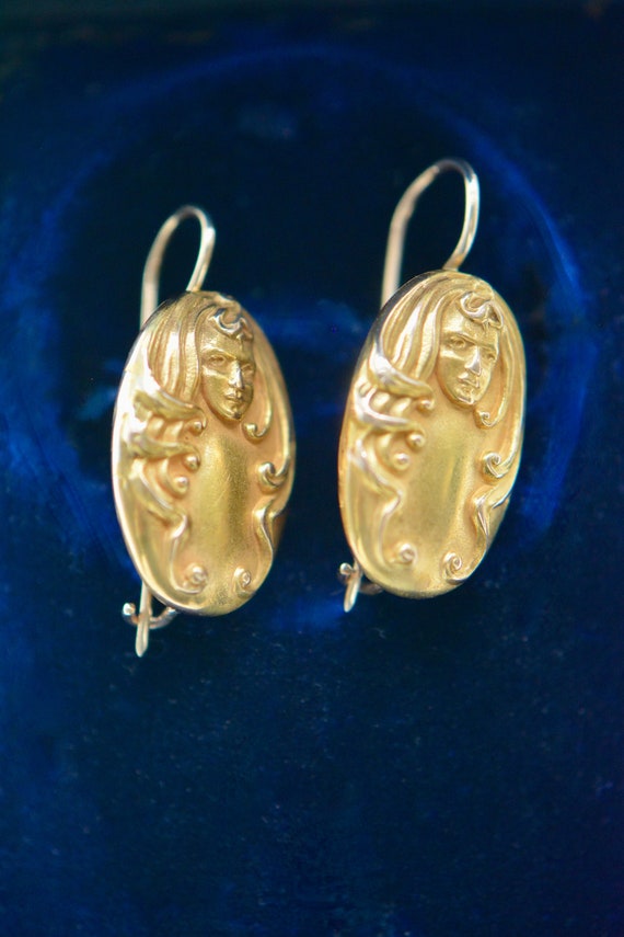 Art Nouveau 14k Lady Oval Drop Earrings, Wedding, 