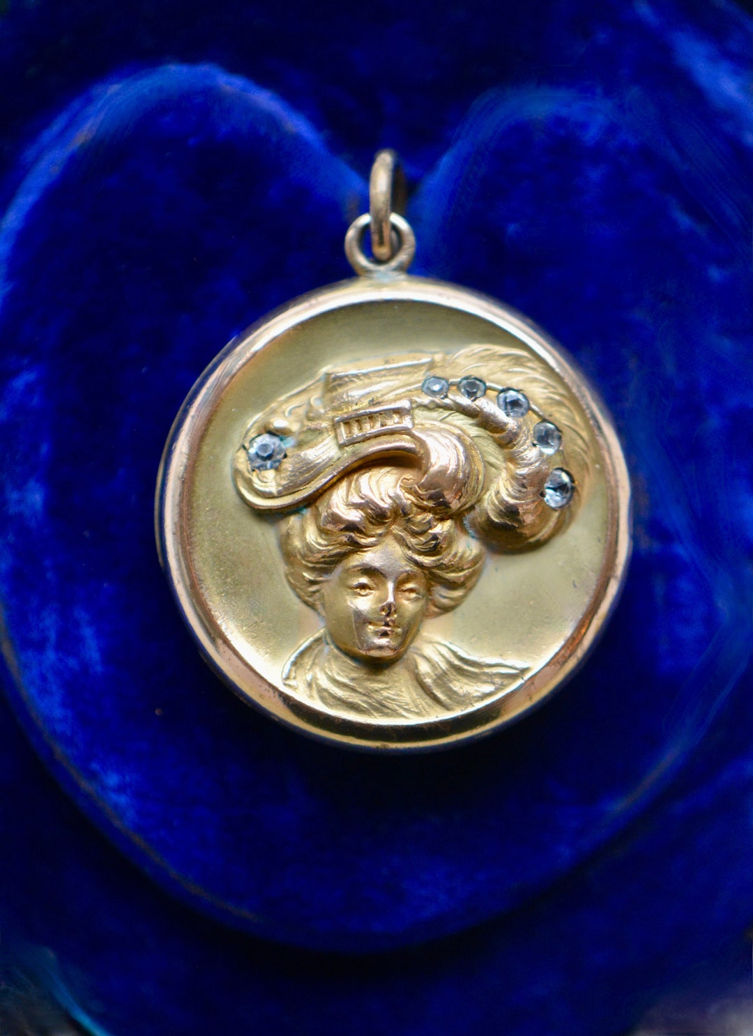 Art Nouveau Lady Locket With Plumed Hat and Paste Stones - Etsy