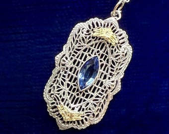 Art Deco Sterling and 14K Gold Czech Glass Filigree Pendant Necklace
