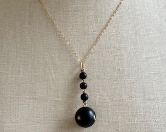 Victorian 14K Jet Lavalier with Seed Pearls Necklace